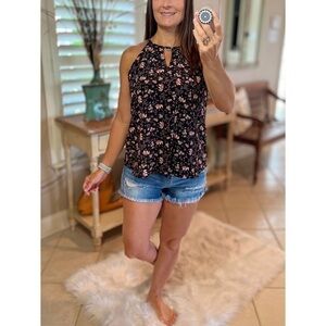❤️‍🔥Floral Dressy Keyhole Halter Sleeveless Hi Neck Top Black 2522